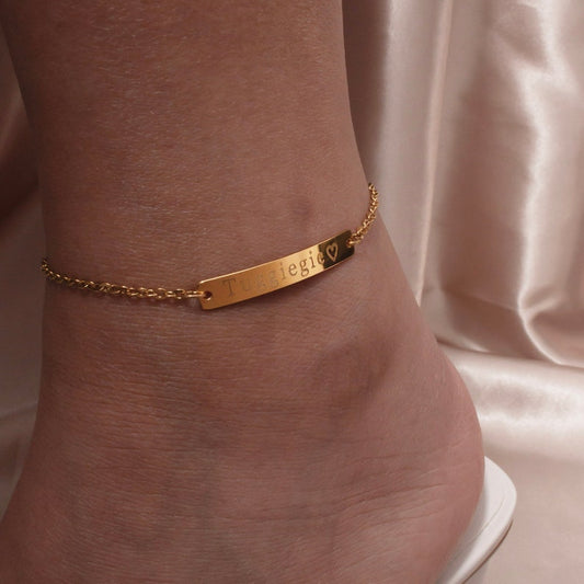 16k Gold Custom Name Bar Anklet: Engraved Charm Bracelet