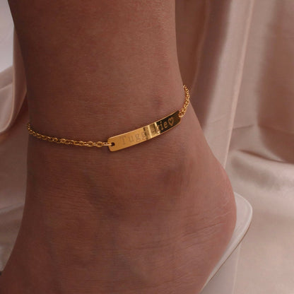 16k Gold Custom Name Bar Anklet: Engraved Charm Bracelet