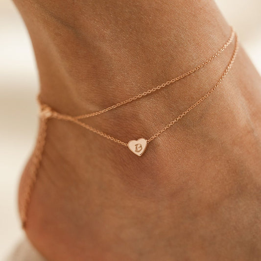 Personalized Heart Anklet: Dainty Engraved Initial Layered Ankle Bracelet