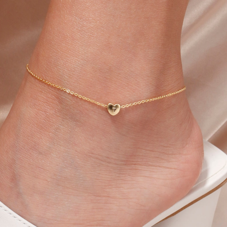 Dainty Heart Initial Anklet: 16K Plated Gold Ankle Bracelet