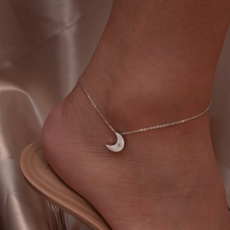 Handmade Moon Initial Anklet: Personalized Celestial Charm