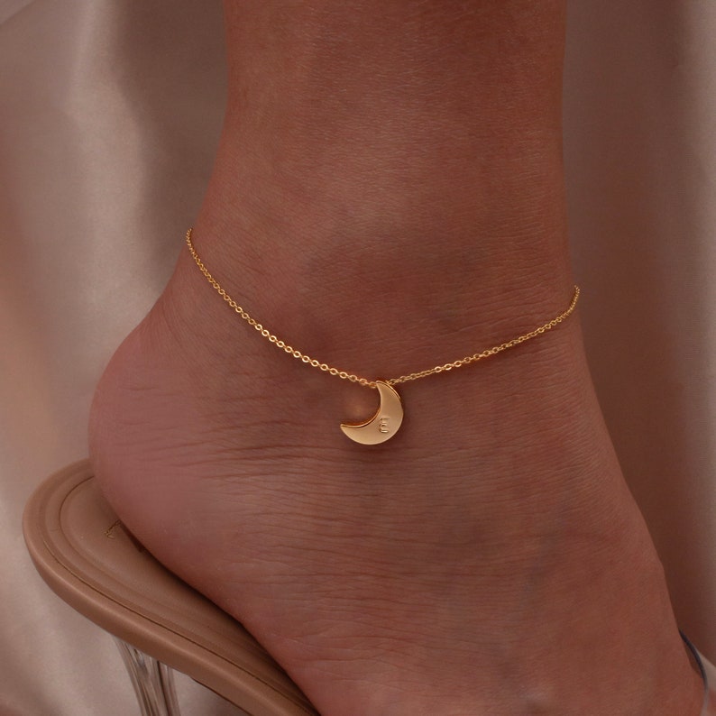 Handmade Moon Initial Anklet: Personalized Celestial Charm