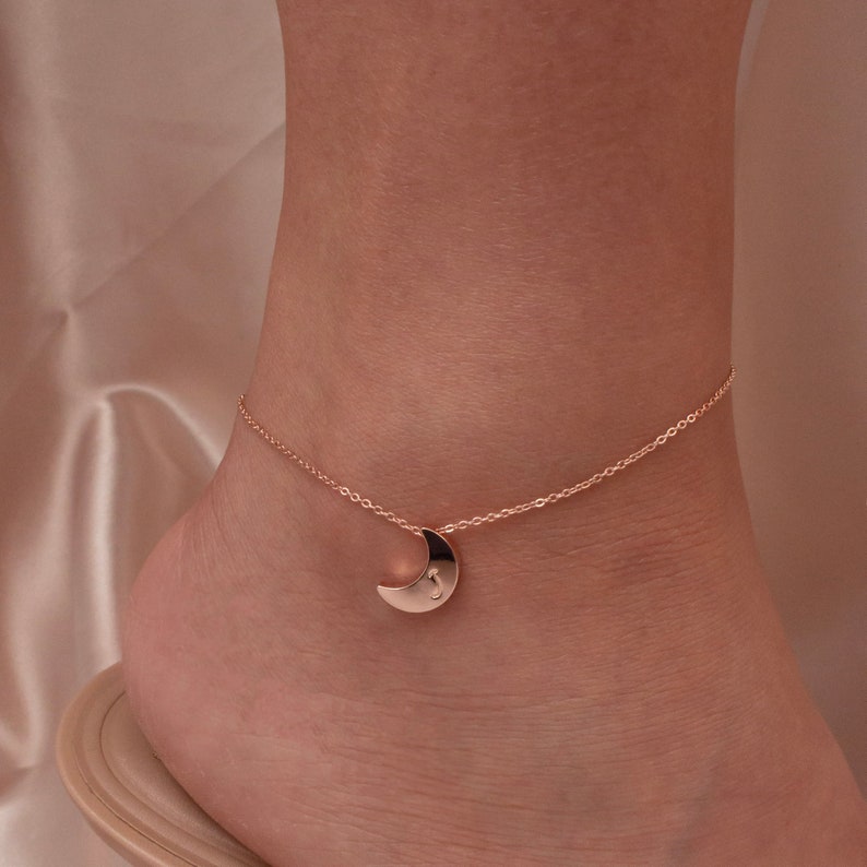 Handmade Moon Initial Anklet: Personalized Celestial Charm