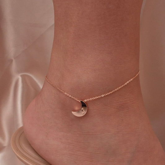 Handmade Moon Initial Anklet: Personalized Celestial Charm