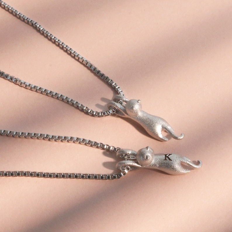 Hanging Cat Sterling Silver Necklace - Personalized Matte Kitty Pendant