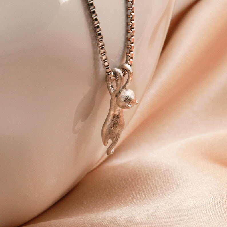 Hanging Cat Sterling Silver Necklace - Personalized Matte Kitty Pendant