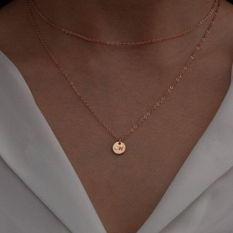 Double Chain Initial Necklace: Personalized Coin Disc Pendant