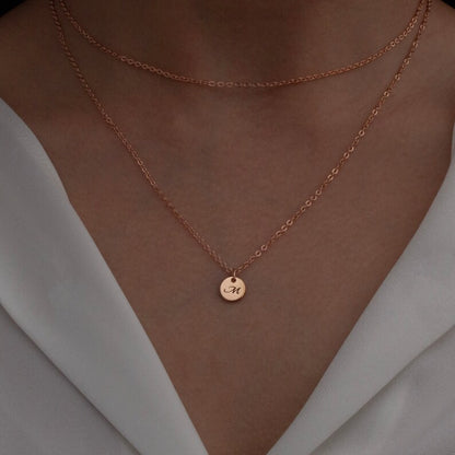 Double Chain Initial Necklace: Personalized Coin Disc Pendant