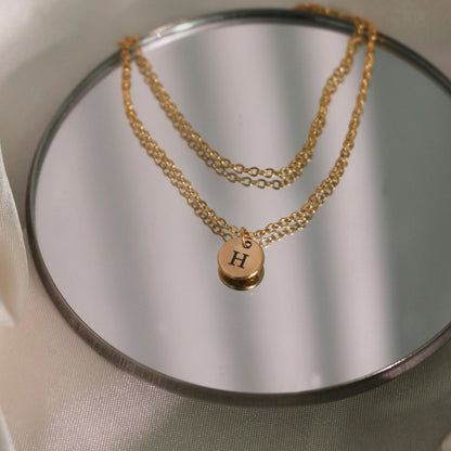 Double Chain Initial Necklace: Personalized Coin Disc Pendant