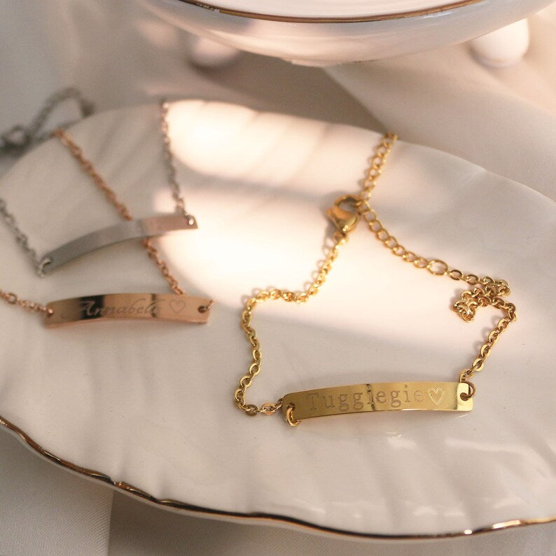 16k Gold Custom Name Bar Anklet: Engraved Charm Bracelet