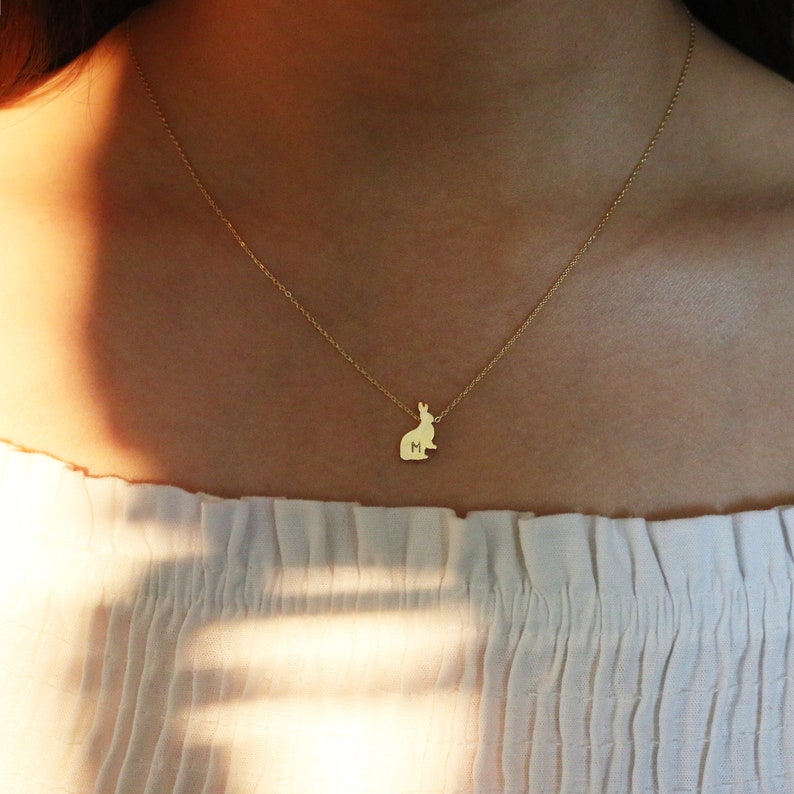 Gold Rabbit Necklace: Hand Stamped Initial, 16k Gold Plated