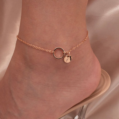 Circle Anklet: Personalized Initial Coin Charm, 16K Plated