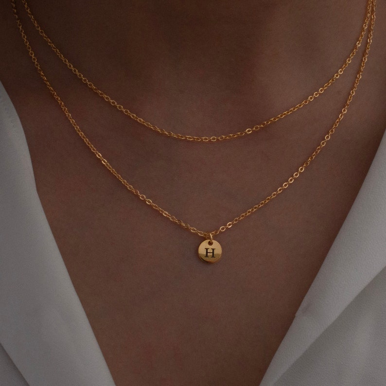 Double Chain Initial Necklace: Personalized Coin Disc Pendant