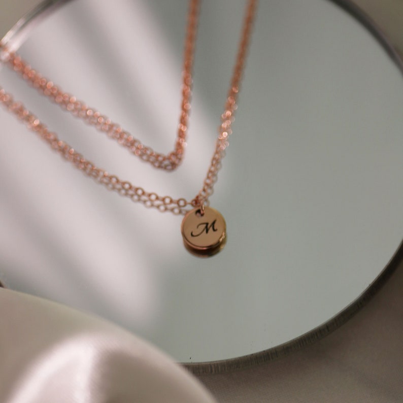 Double Chain Initial Necklace: Personalized Coin Disc Pendant