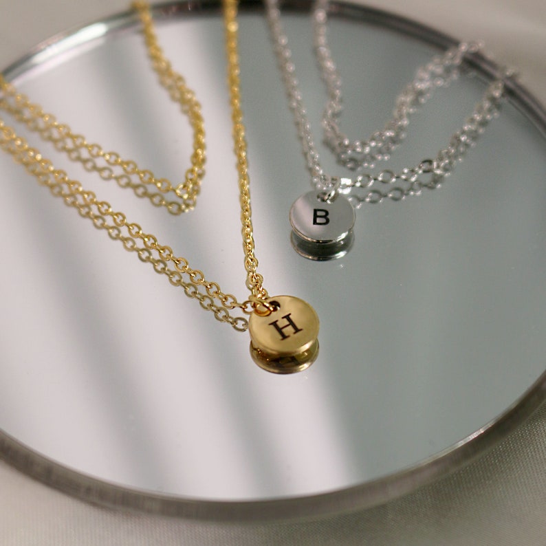 Double Chain Initial Necklace: Personalized Coin Disc Pendant