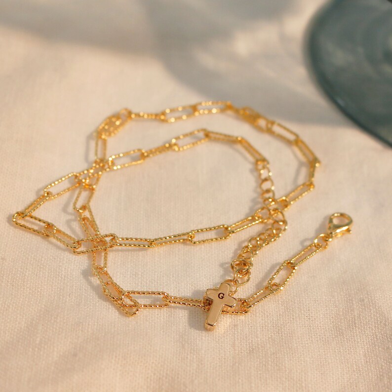 Gold Paper Clip Chain Bracelet: Double Layered Cross Initial