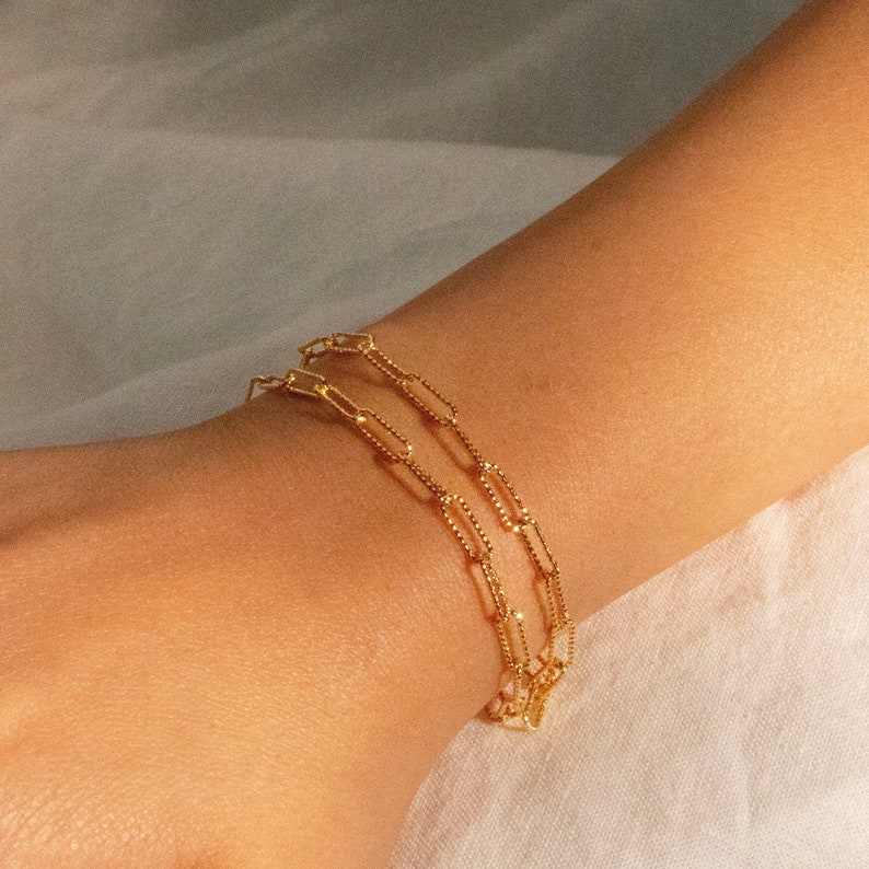 Gold Paper Clip Chain Bracelet: Double Layered Cross Initial