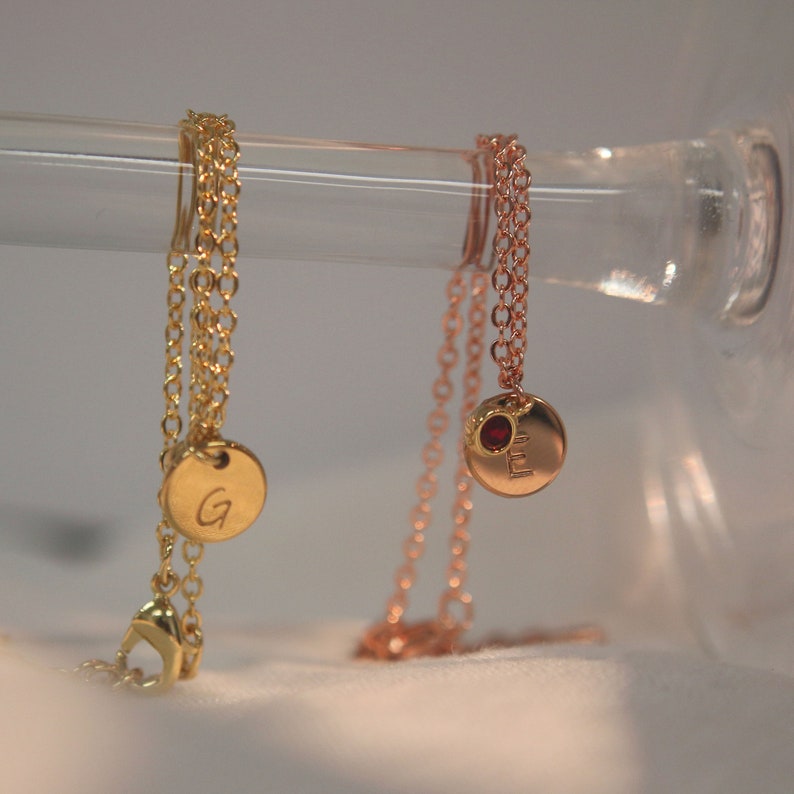 Personalized Initial Birthstone Bracelet: 16k Gold Plated Chain