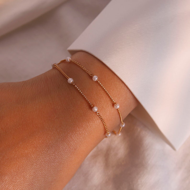 Dainty Pearl Bracelet: Double Chain 16K Plated Jewelry