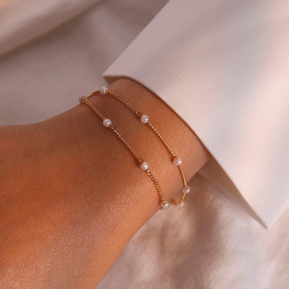 Dainty Pearl Bracelet: Double Chain 16K Plated Jewelry