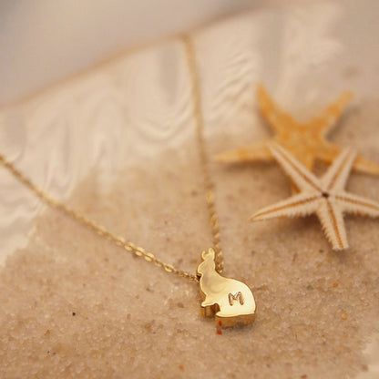 Gold Rabbit Necklace: Hand Stamped Initial, 16k Gold Plated