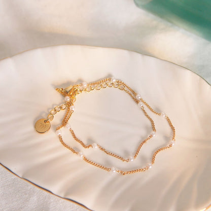 Dainty Pearl Bracelet: Double Chain 16K Plated Jewelry