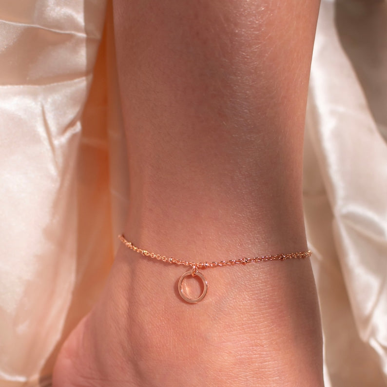 Rose Gold Circle Anklet: Initial Charm, Delicate Ring Coin Anklet
