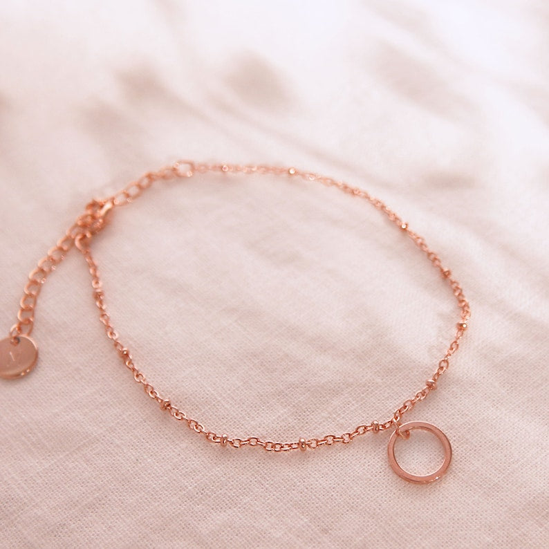 Rose Gold Circle Anklet: Initial Charm, Delicate Ring Coin Anklet
