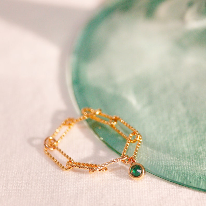 Birthstone Dangle Ring: 16K Gold Plated Paper Clip Chain