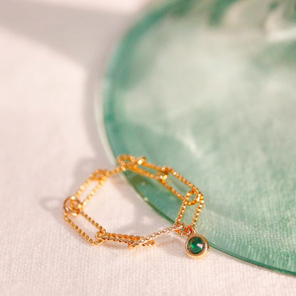 Birthstone Dangle Ring: 16K Gold Plated Paper Clip Chain