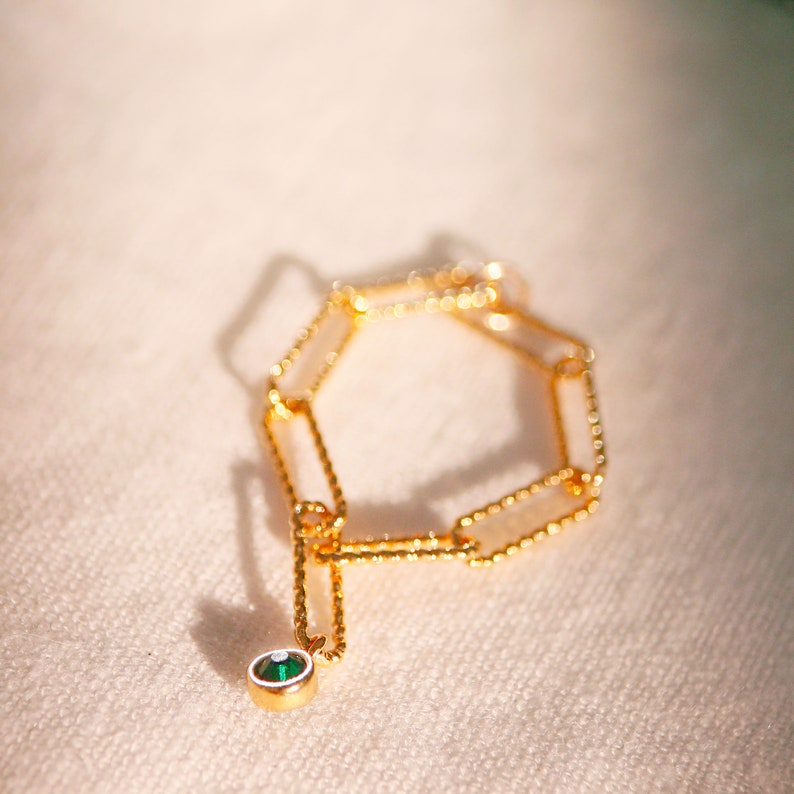 Birthstone Dangle Ring: 16K Gold Plated Paper Clip Chain