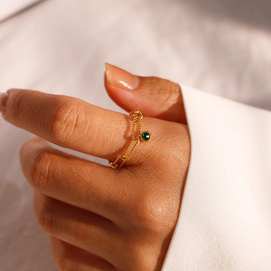Birthstone Dangle Ring: 16K Gold Plated Paper Clip Chain