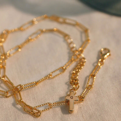 Gold Paper Clip Chain Bracelet: Double Layered Cross Initial