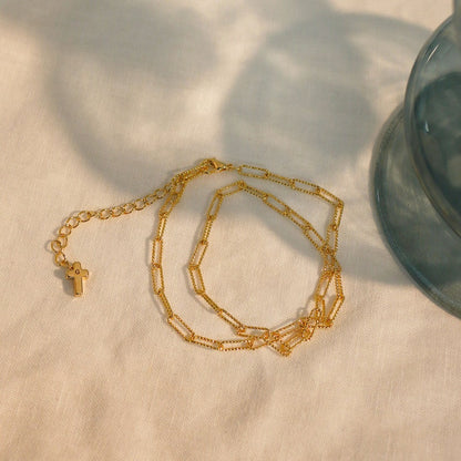 Gold Paper Clip Chain Bracelet: Double Layered Cross Initial