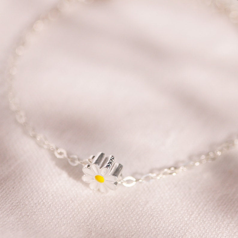 Sterling Silver Daisy Bracelet: Dainty 925 Flower Charm