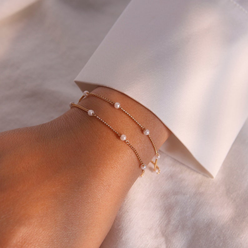Dainty Pearl Bracelet: Double Chain 16K Plated Jewelry