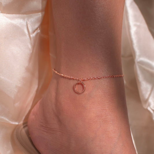 Rose Gold Circle Anklet: Initial Charm, Delicate Ring Coin Anklet