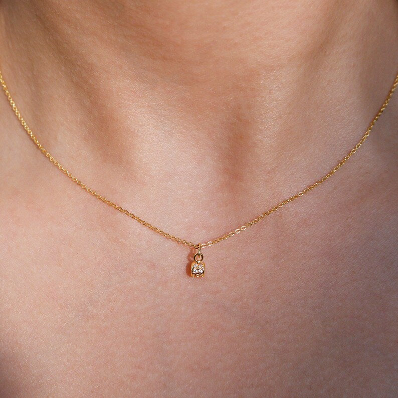 Dainty Gold Cubic Zirconia Necklace: Minimalist Charm, 16K Plated