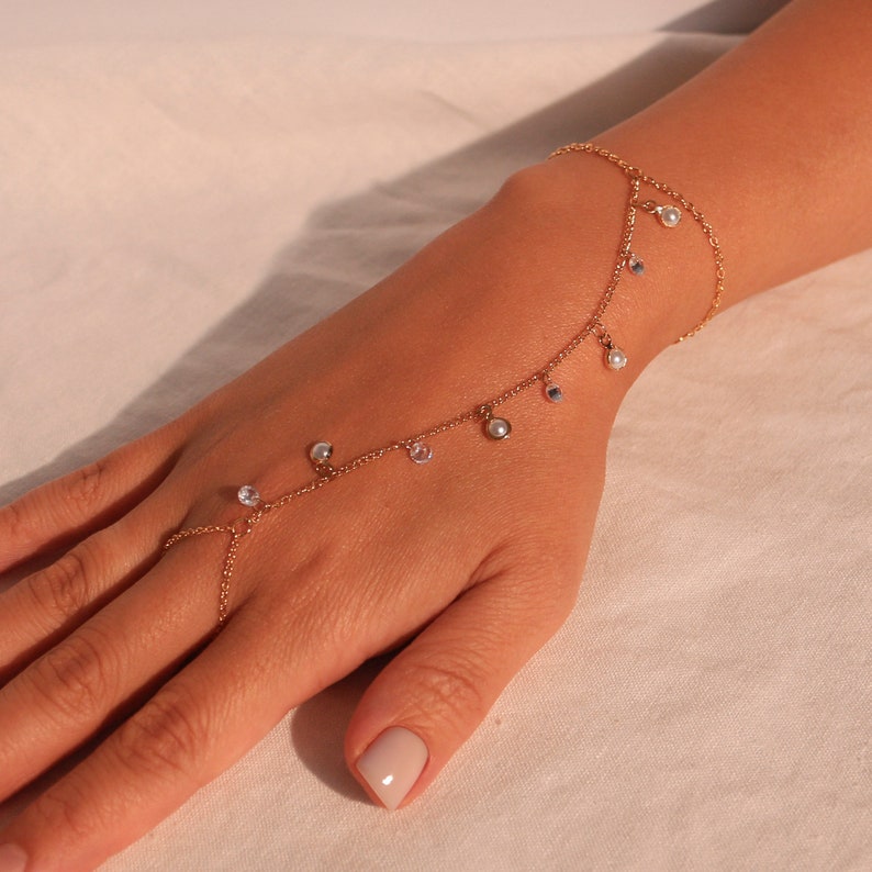 Pearl and cubic Hand Chain Bracelet for Her Link Ring Bracelet slave Bracelet Finger Chain Bracelet