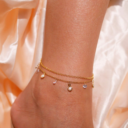 Pearl & Cubic Zirconia Anklet: 16K Gold Double Layered Chain