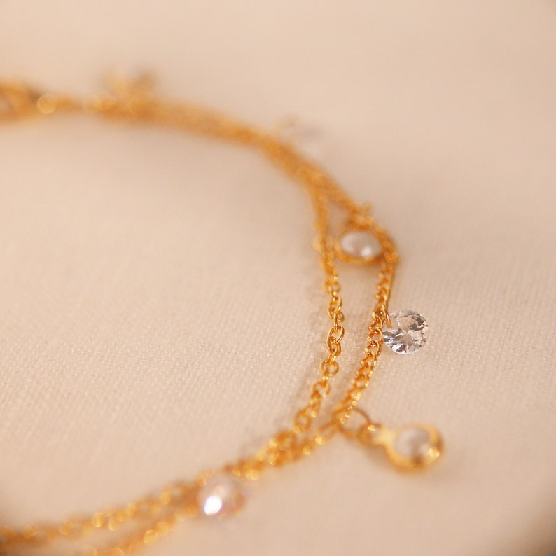 Pearl & Cubic Zirconia Anklet: 16K Gold Double Layered Chain