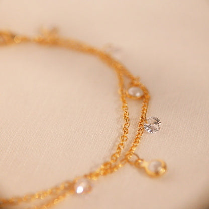 Pearl & Cubic Zirconia Anklet: 16K Gold Double Layered Chain