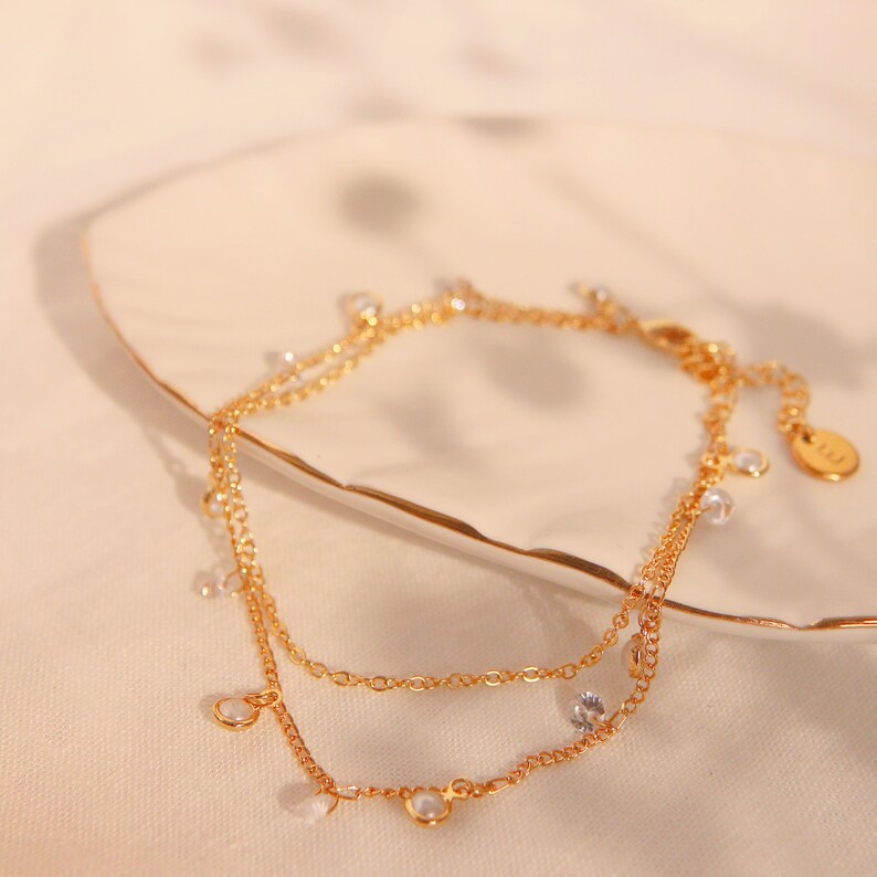 Pearl & Cubic Zirconia Anklet: 16K Gold Double Layered Chain
