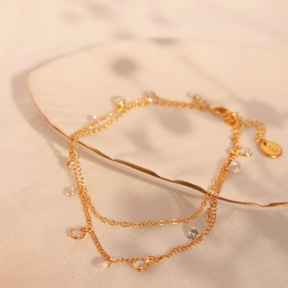 Pearl & Cubic Zirconia Anklet: 16K Gold Double Layered Chain