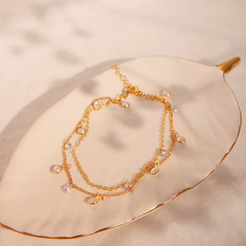 Pearl & Cubic Zirconia Anklet: 16K Gold Double Layered Chain