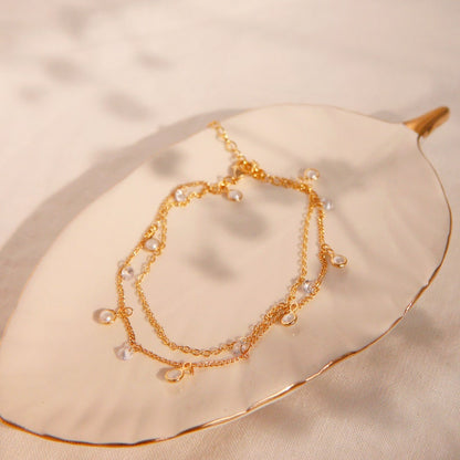Pearl & Cubic Zirconia Anklet: 16K Gold Double Layered Chain