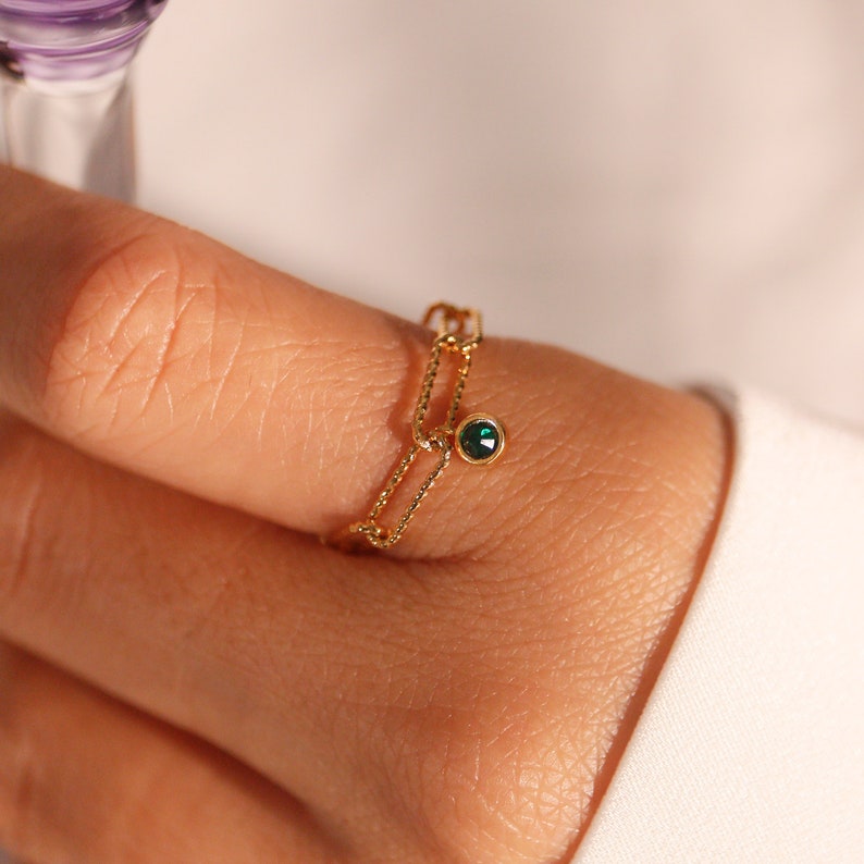 Birthstone Dangle Ring: 16K Gold Plated Paper Clip Chain