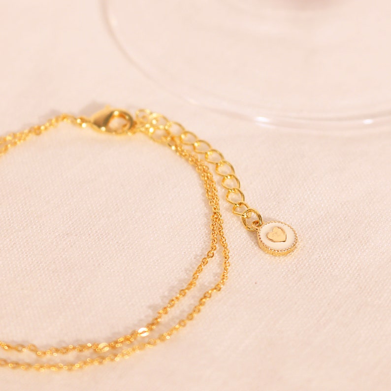 Gold Double Layered Bracelet: Heart Charm, Minimalist 16K Plated Jewelry