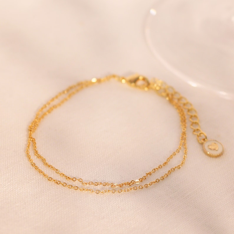 Gold Double Layered Bracelet: Heart Charm, Minimalist 16K Plated Jewelry