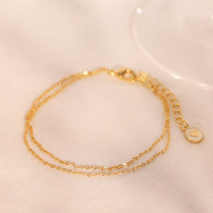 Gold Double Layered Bracelet: Heart Charm, Minimalist 16K Plated Jewelry